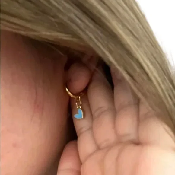 Gold Hoops Dangling Heart Drop Huggie Earrings - Picture 3 of 5